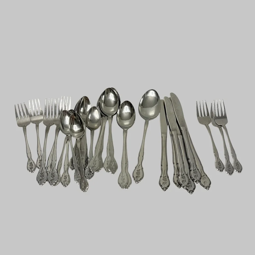 Barclay Geneva Stainless Steel Rose Floral Engraved Flatware Lot 37 Pieces